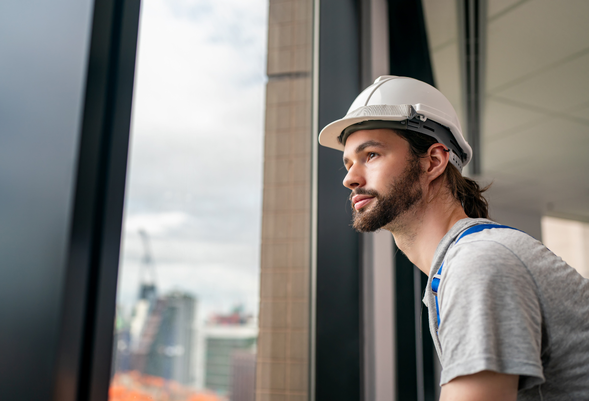 Man in a hard hat looking out an office window.