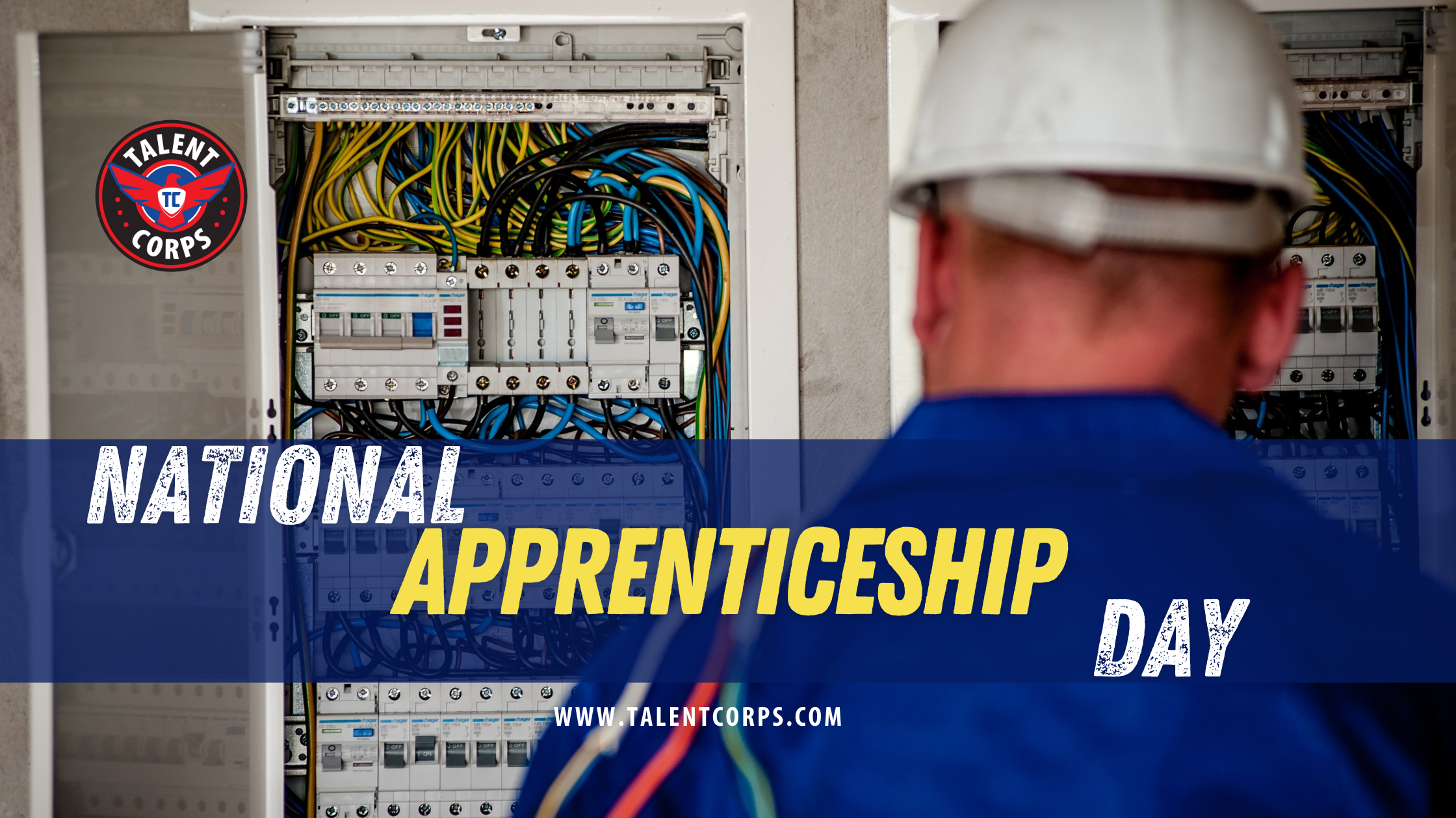 Electrician Apprentice in blue work suit and white hard hat, looking at wires in electrical box. Image says: Celebrating National Apprenticeship Day with talent corps logo and website www.talentcorps.com