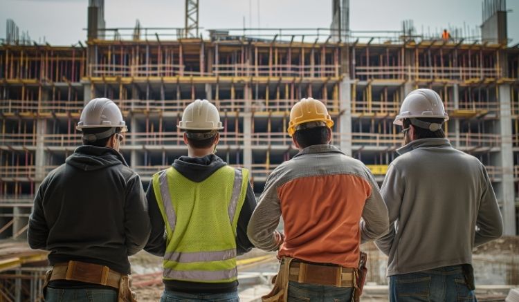 construction workers looking at a construction site, viewed from behind
