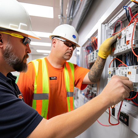 Two workers in orange vests and hard hats,