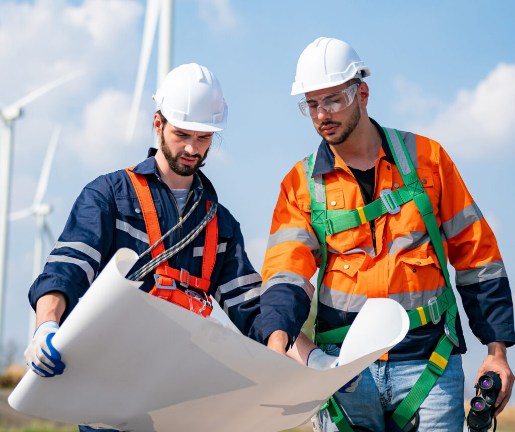 Two workers in hard hats and vests reviewing blueprints.