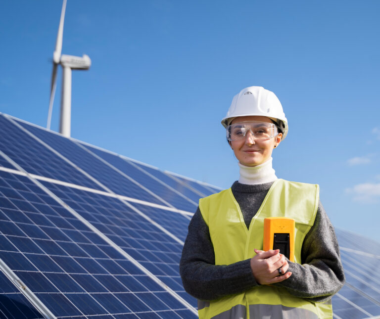 Worker in a hard hat standing in a field of solar panels and wind turbines.