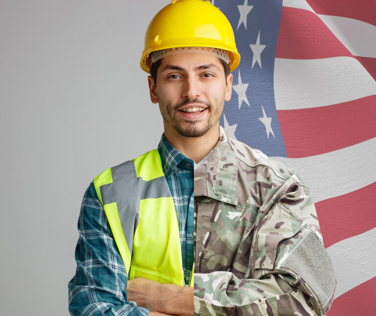 man wearing half construction vest, half army camo outfit with an American flag design behind him