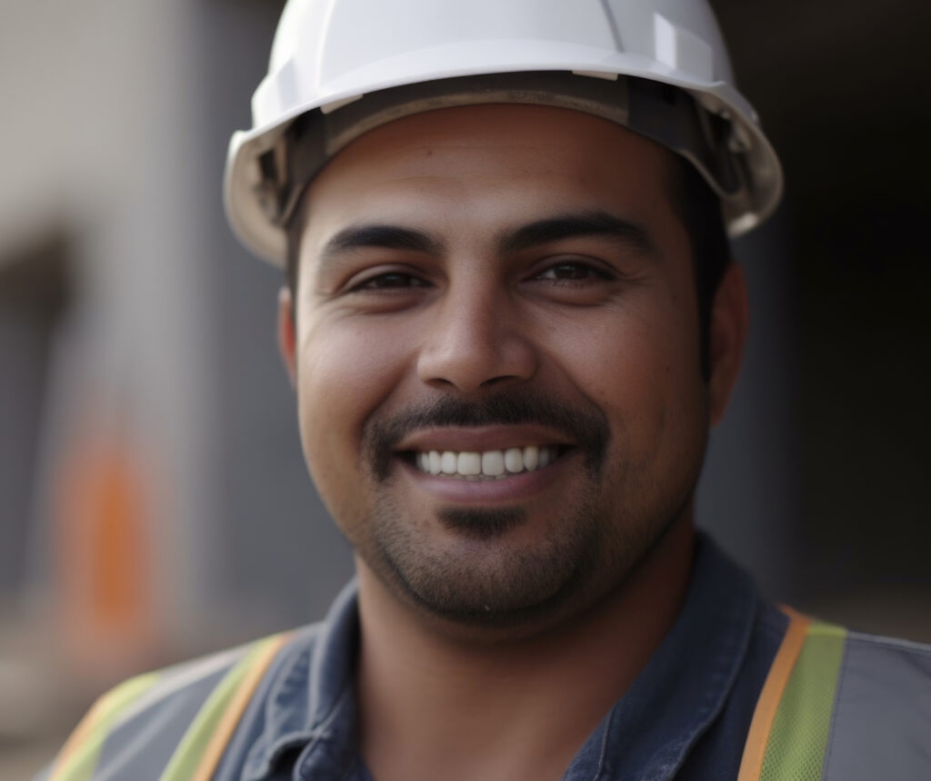 Smiling man with a beard wearing a white hard hat.