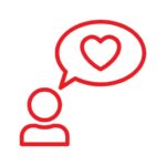 Red icon of a speech bubble containing a heart.