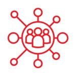 Red icon of a network diagram connecting people.