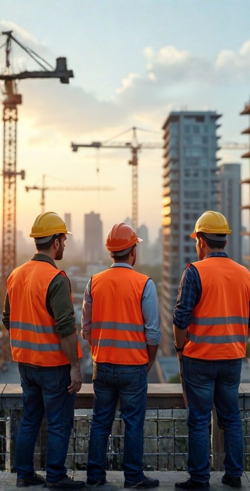 Silhouetted construction workers at a sunrise meeting.