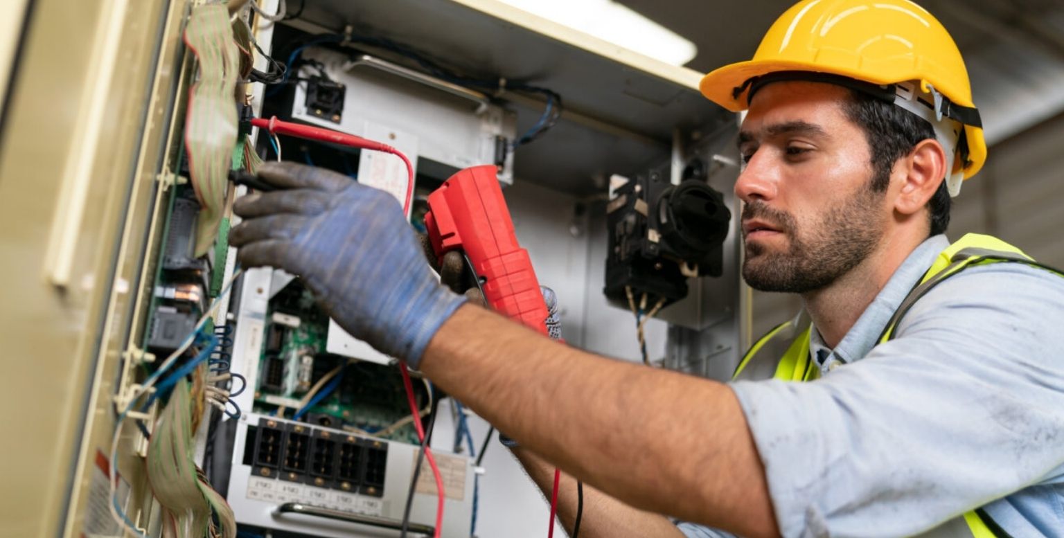 Worker wearing gloves touches a machine