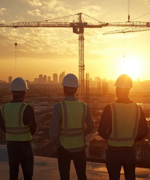 Silhouettes of construction workers against a bright sunrise.