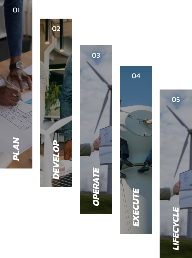 vertical-split graphic of wind turbine and professionals