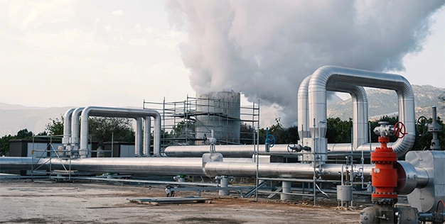 Industrial plant or factory with smoke stacks.
