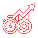Red icon of a stopwatch with a rising graph arrow.