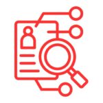 Red icon of a magnifying glass over a document.