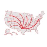Red icon of a map of the United States with network lines.