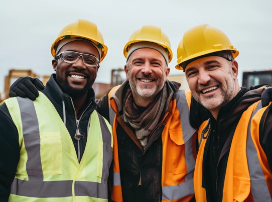 Three smiling, diverse construction workers in hard hats.