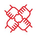 Red icon of four hands clasping wrists, symbolizing teamwork.