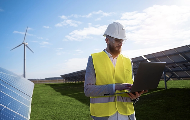 Worker in a white hard hat and yellow vest walking through a solar panel field.